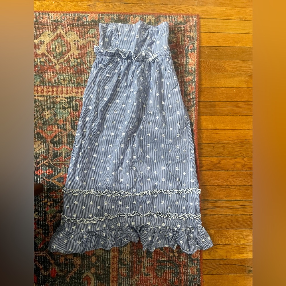 tularosa Blue striped Embroidered Strapless Dress Size Small